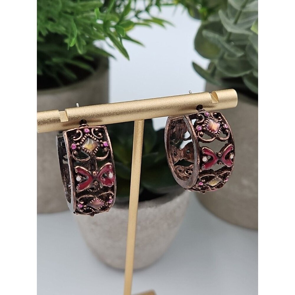 Vintage Copper Hoop‎ Earrings Enamel Sparkle Post Back 1" Hoop 1/4" Wide